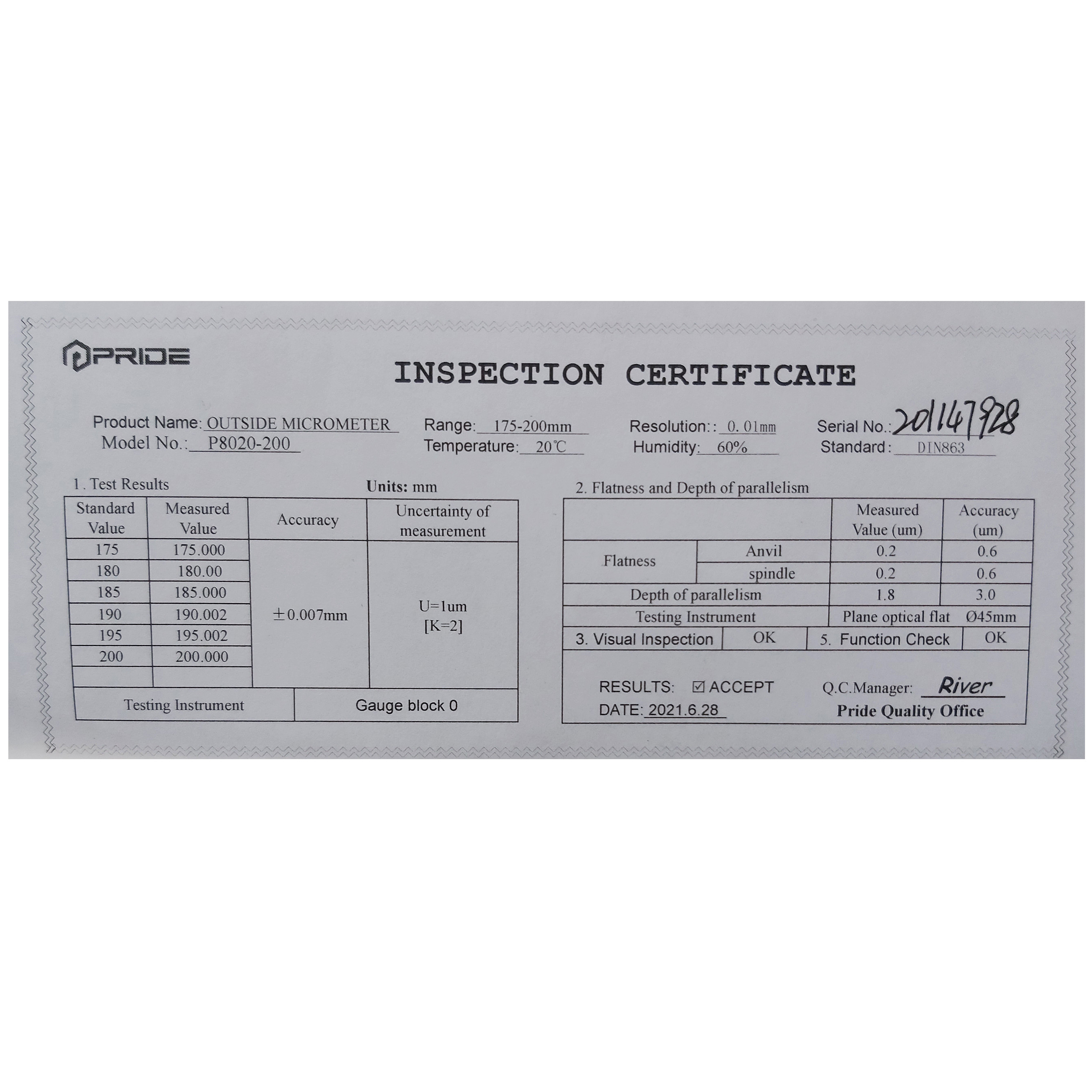 میکرومتر پراید مدل P8020-200 گستره 175 تا 200 میلی متر