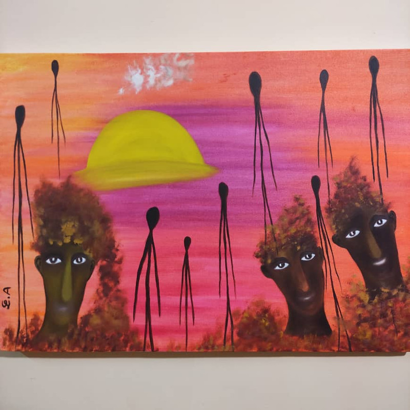 تابلو نقاشی رنگ روغن طرح وهم اشخاص در میان غروب خاک کد 12