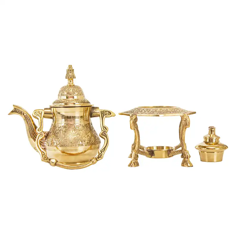 ست قوری و وارمر برنجی مدل  قلم زنی پایه دار دست ساز طرح هندوستانی کد 8847