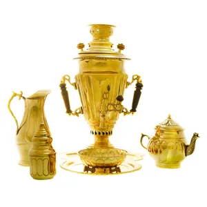 سرویس سماور ذغالی 6 پارچه برنجی مدل سوزنی ترک دار کد 4319