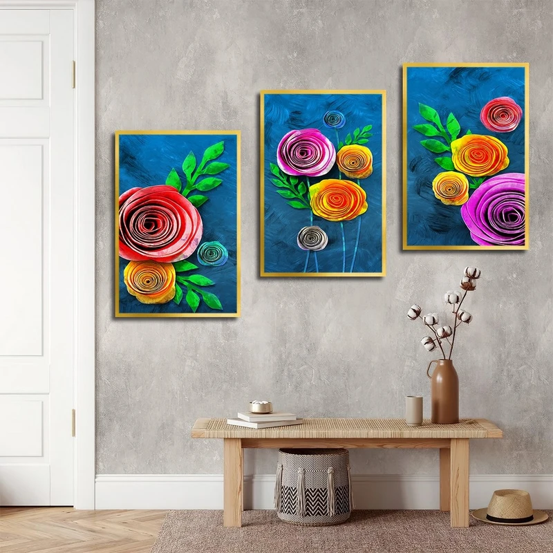 تابلو ساده بکلیت طرح نقاشی گل رنگی مدل شاین اکلیلی T-2473 فریم طلایی مجموعه 3 عددی