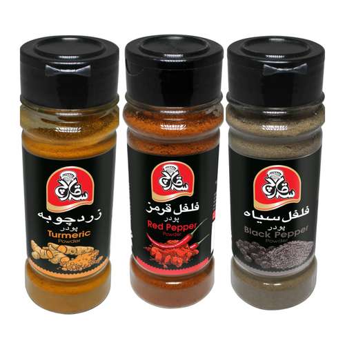 ادویه فلفل سیاه و فلفل قرمز و زرد چوبه سه قارچ 70 الی 85 گرم مجموعه 3 عددی