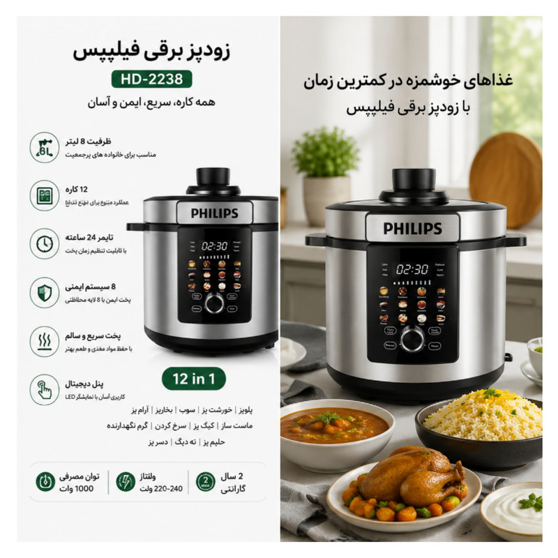 آرام‌پز و زودپز برقی 8 لیتری فیلیپس مدل HD-2238