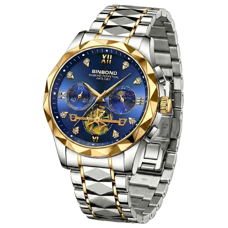 ساعت مچی عقربه‌ای کوارتز مردانه بین باند مدل اسپرت لوکس سه موتور فعال بند طرح تراش الماسی قفل مخفی کد JBN001