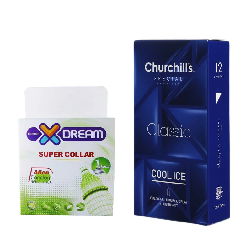 کاندوم چرچیلز مدل Cool Ice بسته 12 عددی به همراه کاندوم ایکس دریم مدل Super Collar