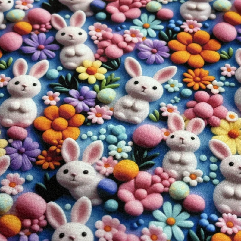 پارچه ملحفه عرض 1.5 متر مدل والا طرح مخمل سه بعدی گل ها و خرگوش کیوت رنگ آبی