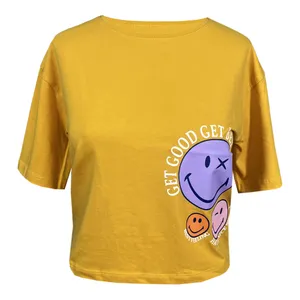 تی شرت آستین کوتاه زنانه مدل استیکر لبخند کد 1557 رنگ زرد