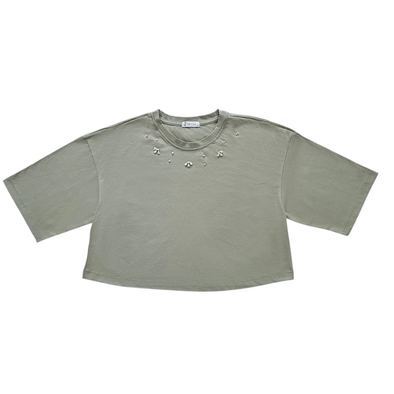 کراپ‌ تی‌شرت آستین کوتاه زنانه ایپلیک زی مدل سنگ دوزی کد IP11.4