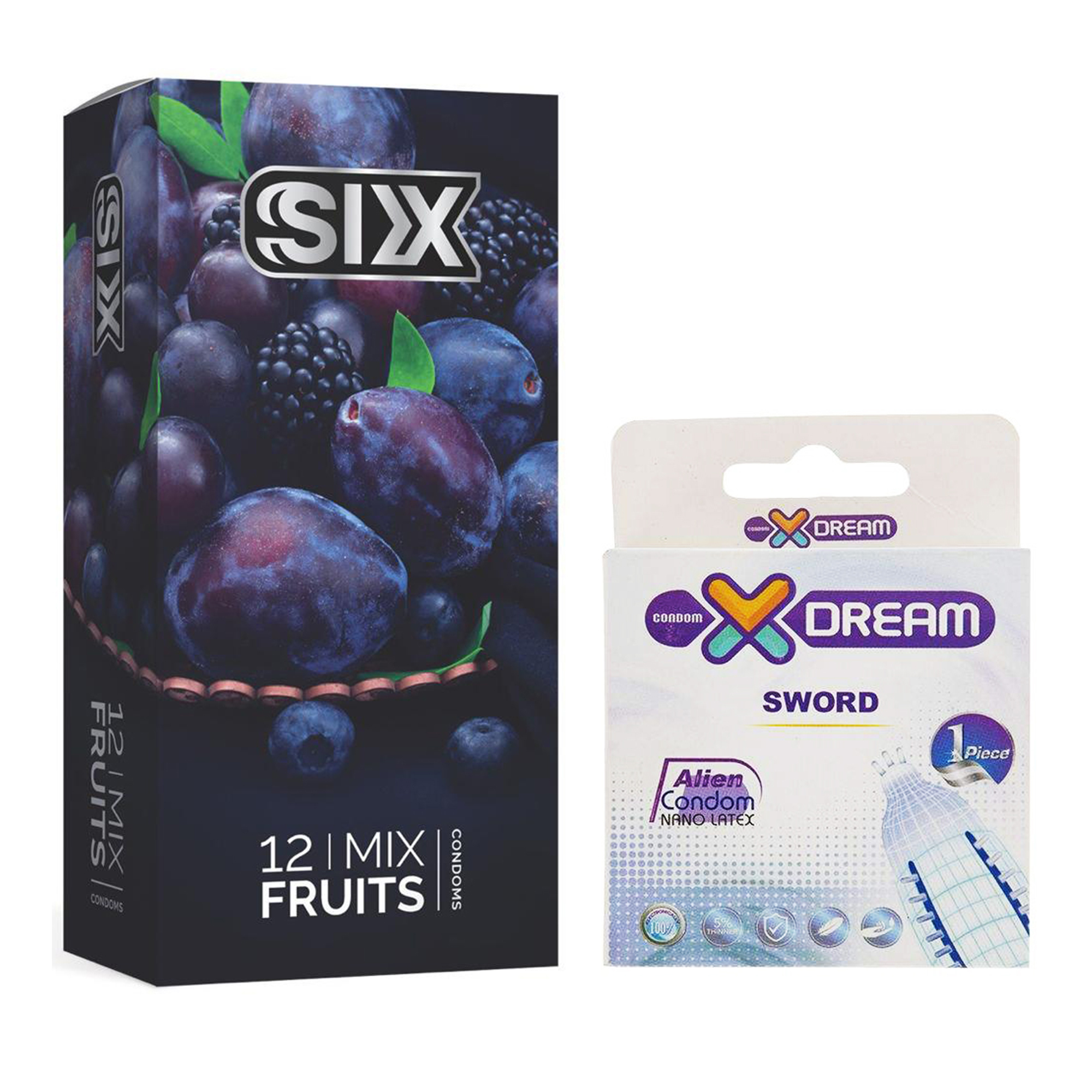 کاندوم سیکس مدل Mix Fruits بسته 12 عددی به همراه کاندوم ایکس دریم مدل Sword