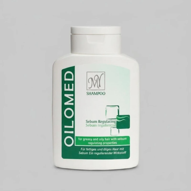 شامپو مو مای مدل Oilomed حجم 200 میلی‌لیتر، کاهش چربی پوست سر، تقویت ریشه و ساقه مو، اثر بازسازی کننده و تنظیم تولید هورمون DHT