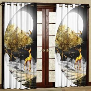 پرده مدل گوزن و  پر طلایی هازان پانچی کد 2433 سایز 140x200 سانتی متر