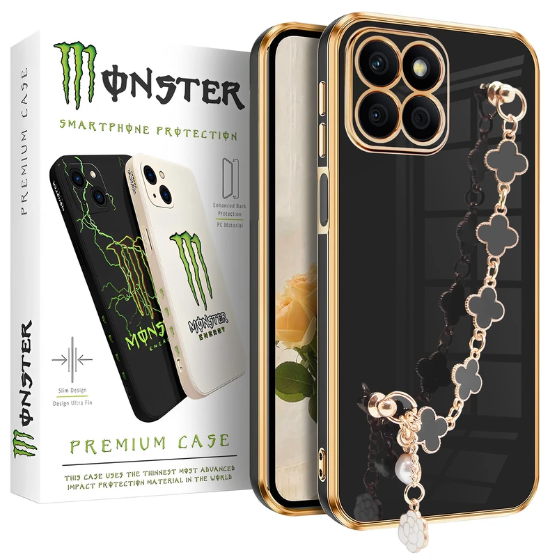 کاور مانستر مدل Black Flower مناسب برای گوشی موبایل آنر X6 4G / X8 5G به همراه آویز