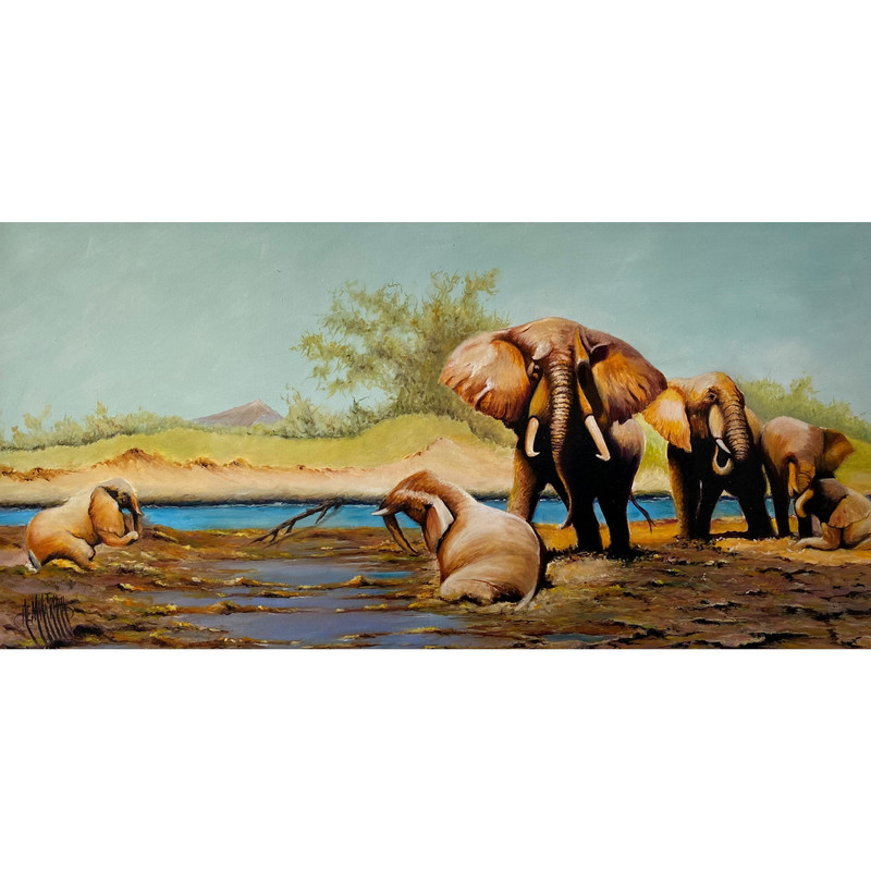 تابلو نقاشی رنگ و روغن طرح فیل ها در برکه کد 107