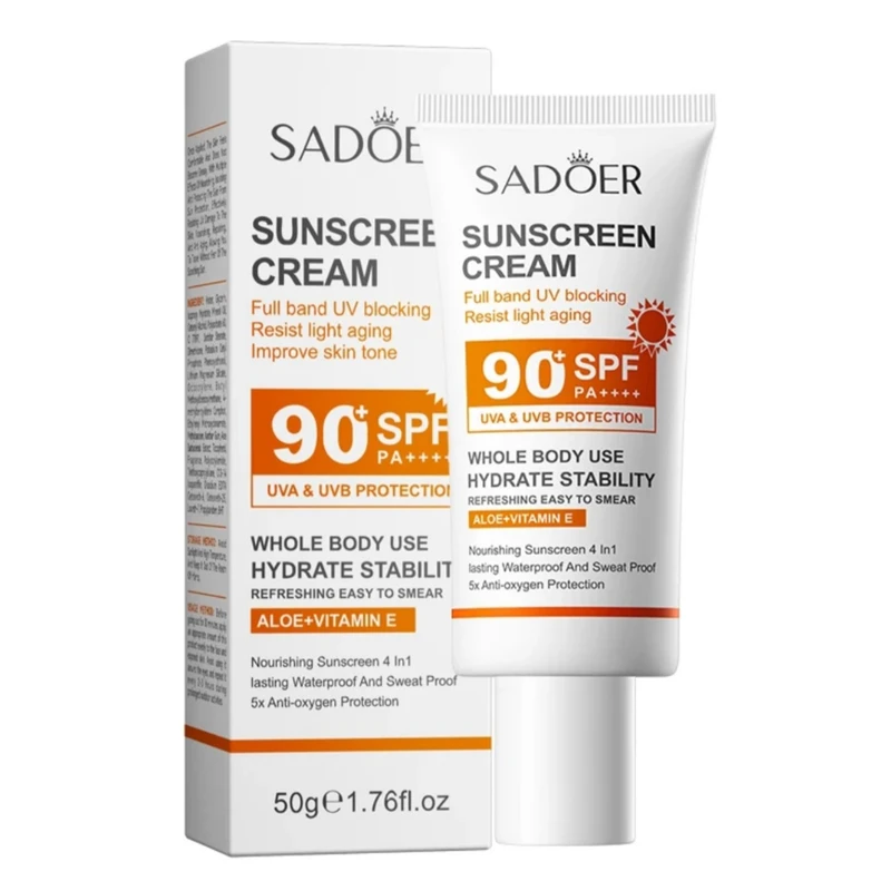 کرم ضد آفتاب بدون رنگ صورت و بدن سادور SPF 90 مدل آلوئه ورا ‌محافظ UVA ،UVB و PA++++ مناسب برای انواع پوست‌ وزن 50 گرم