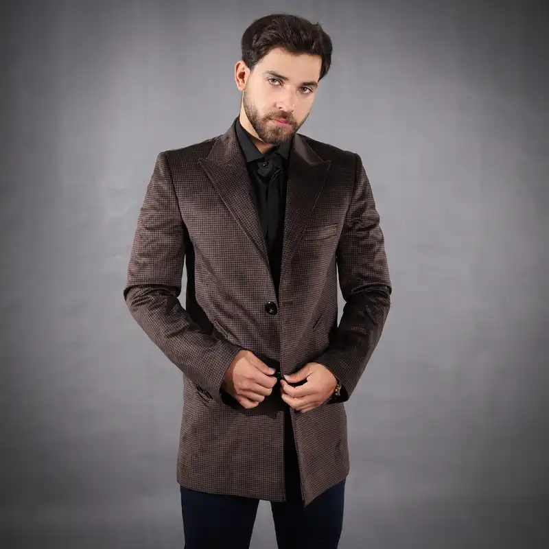 پالتو مردانه مدل مخمل چهارخانه یقه بلیزر رنگ قهوه ای