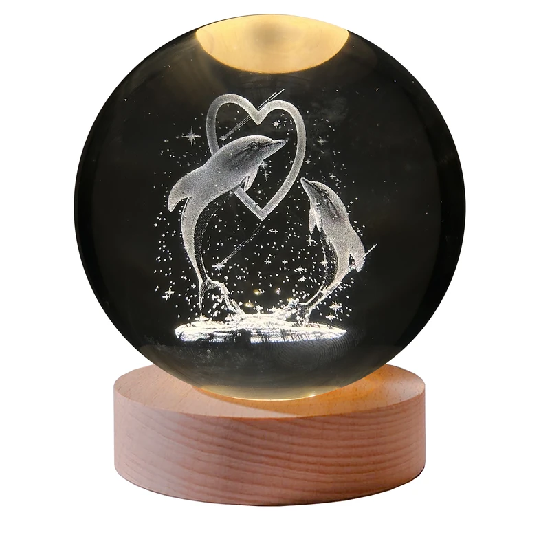 چراغ خواب مدل گوی کریستال 3D طرح دلفین و قلب کد 06