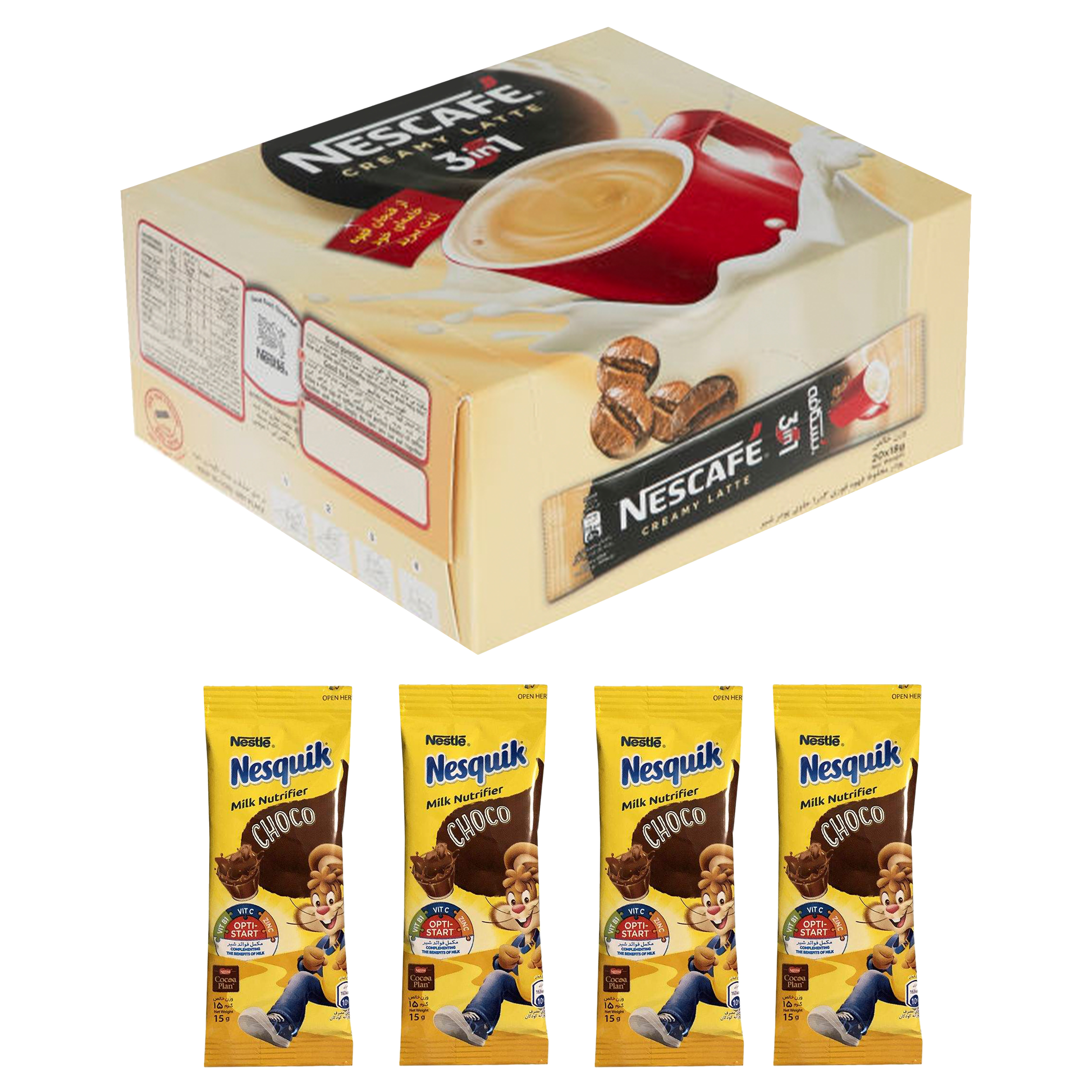 قهوه فوری مخلوط 1 × 3 نسکافه خامه ای بسته 20 عددی به همراه پودر شکلات نستله مدل Nesquik بسته 4 عددی