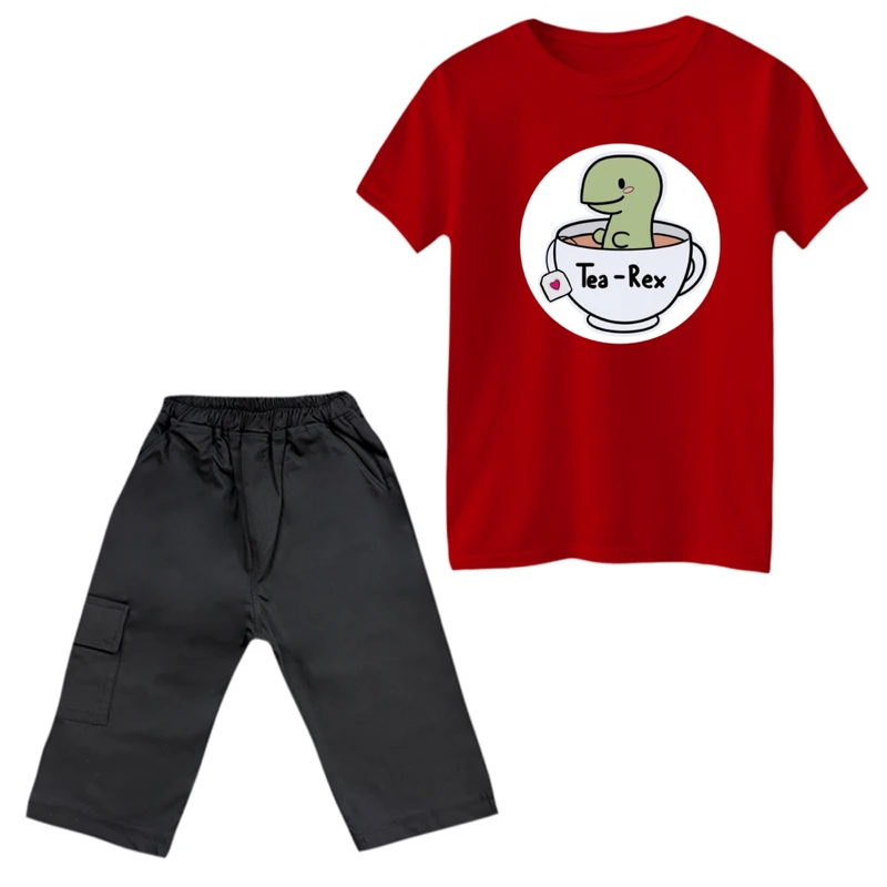 ست تی‌شرت و شلوارک پسرانه مدل دایناسور و چای