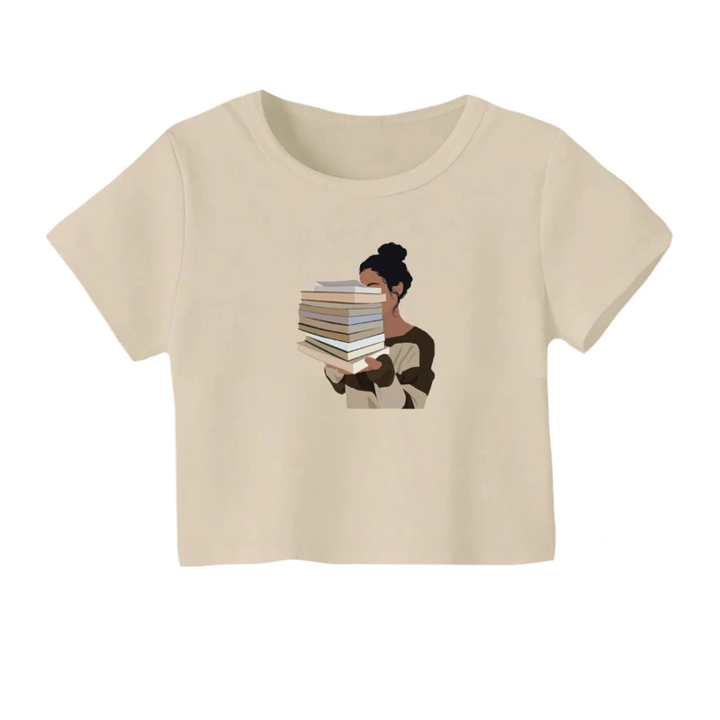 کراپ‌ تی‌شرت آستین کوتاه زنانه مدل دختر و کتاب کد 2