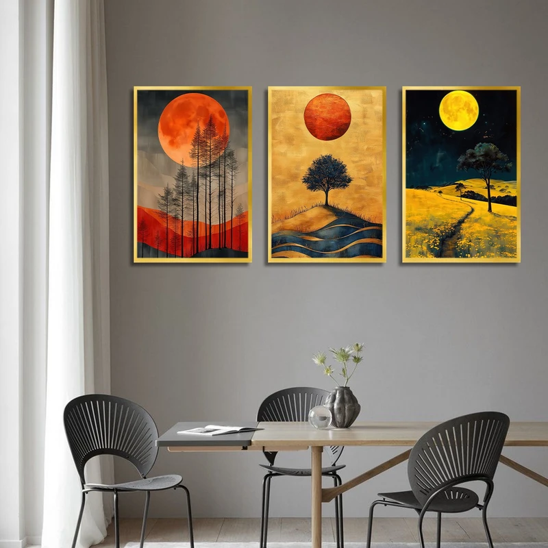 تابلو ساده بکلیت طرح صحرا و درخت و ماه مدل شاین اکلیلی T-3034 فریم طلایی مجموعه 3 عددی