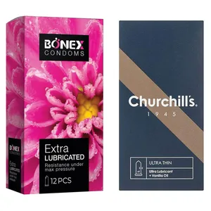 کاندوم چرچیلز مدل Ultra Thin بسته 12 عددی به همراه کاندوم بونکس مدل Extra Lubricated بسته 12 عددی 