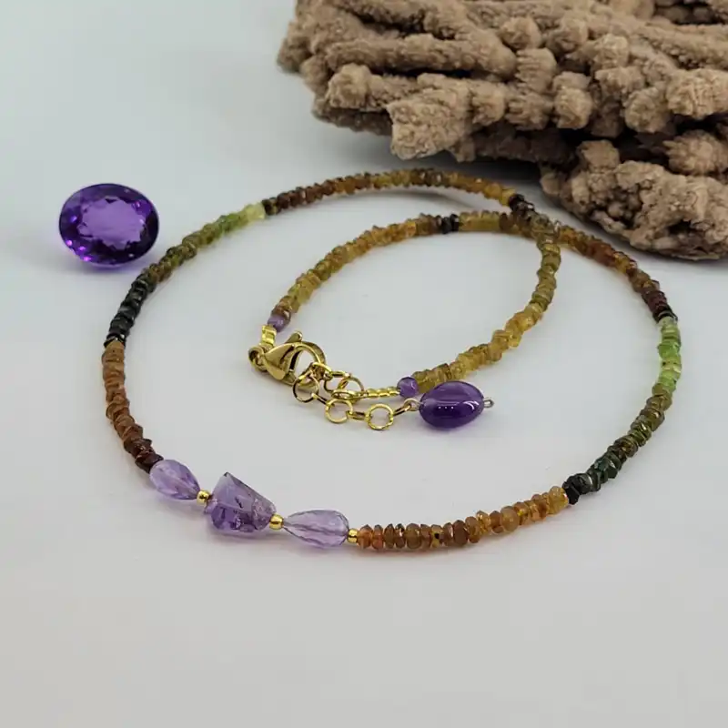 گردنبند زنانه مدل سنگ زیرکن و آمیتیست کد 1230