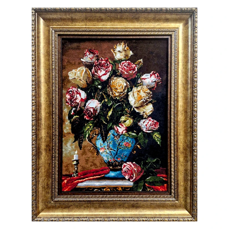 تابلو فرش دستباف طرح گلدان رز کد DS004