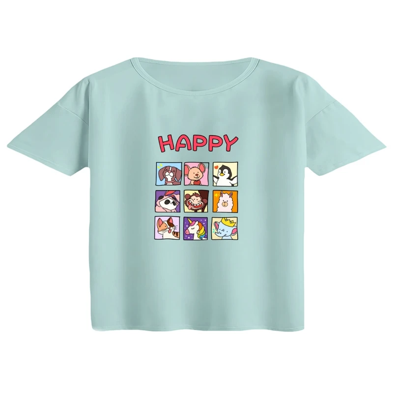 کراپ تی‌شرت آستین کوتاه زنانه مدل حیوانات شاد رنگ آبی روشن