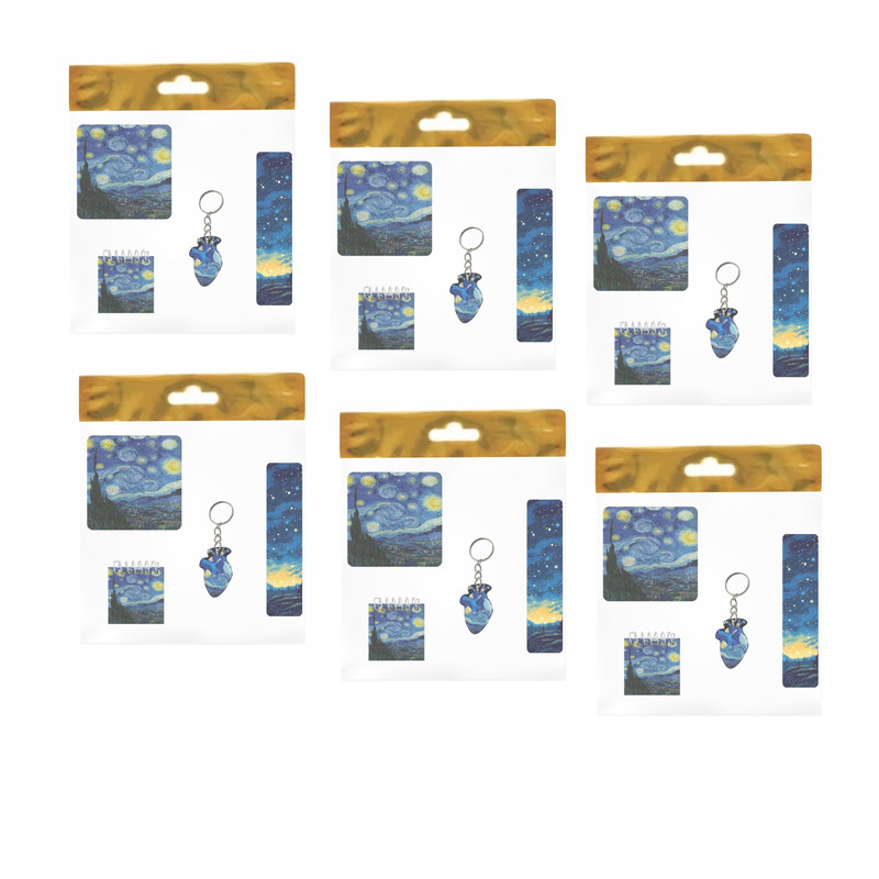 بسته لوازم تحریر مدل  4 تکه چوبی طرح ونگوگ کد2 مجموعه 6 عددی