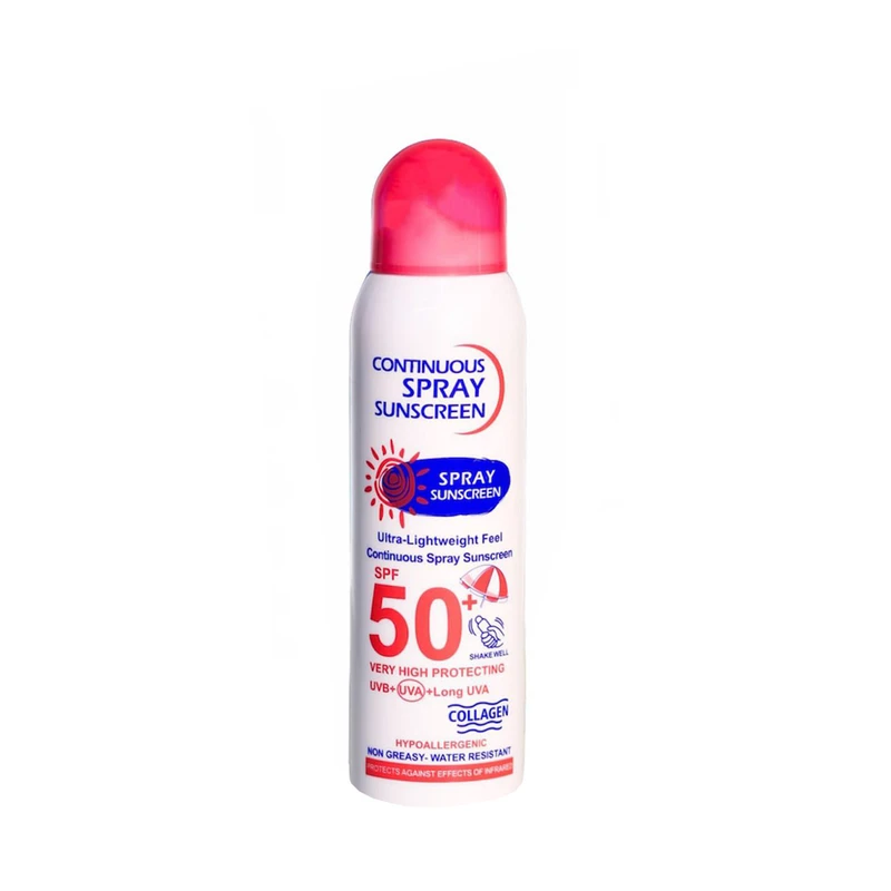 اسپری ضد آفتاب بی‌رنگ وکالی، SPF 50، مدل 001، مناسب انواع پوست چرب با حجم 235 میلی‌لیتر، محافظت‌کننده در برابر اشعه‌های UVA و UVB، ضد آب و مرطوب‌کننده، روشن‌کننده، ضد لک و پیری، دارای فرمولاسیون فاقد چربی، کلاژن، ویتامین‌های C و E، با ماندگاری 2 ساعته
