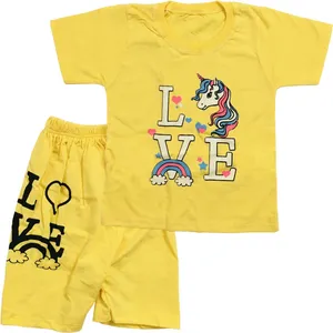 ست تی شرت آستین کوتاه و شلوارک دخترانه طرح تک شاخ مدل A12 کد 0235