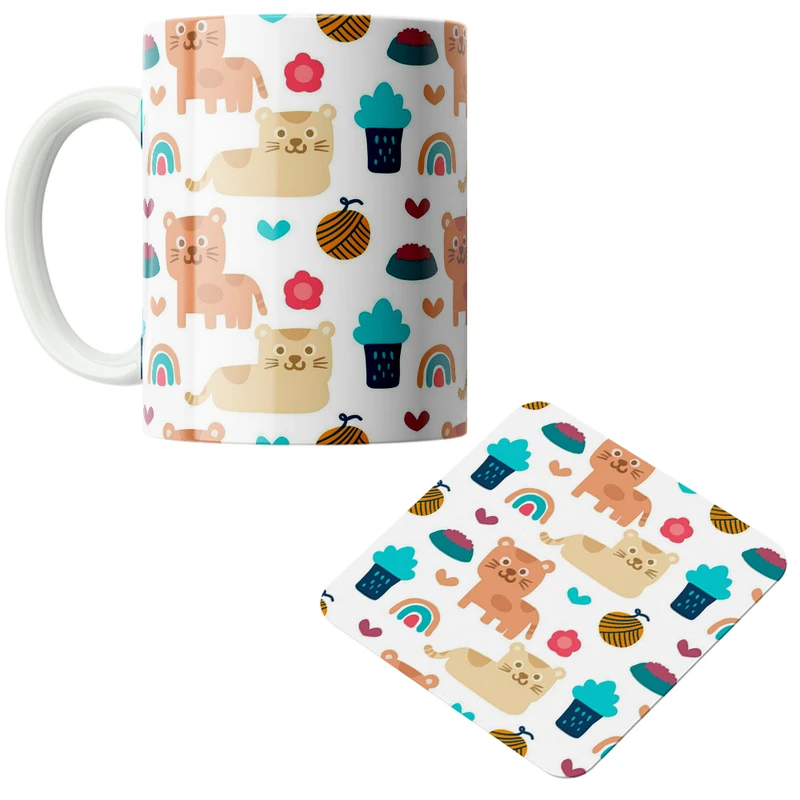 ماگ پاد آفرین مدل گربه و کاموا کد DKC484 به همراه زیر لیوانی