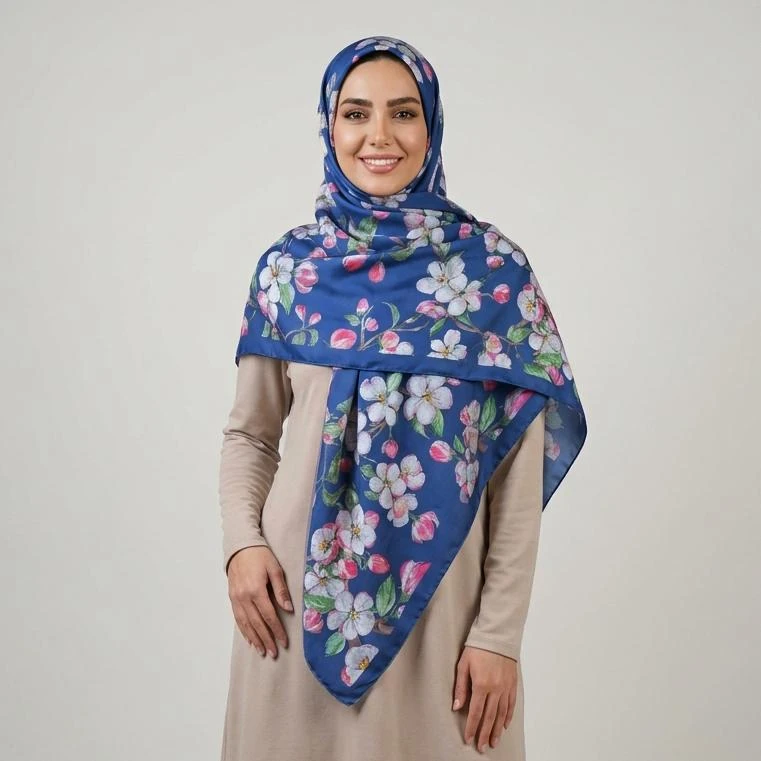 روسری زنانه مدل ابریشم توییل طرح گل های پاییزی کد ab385