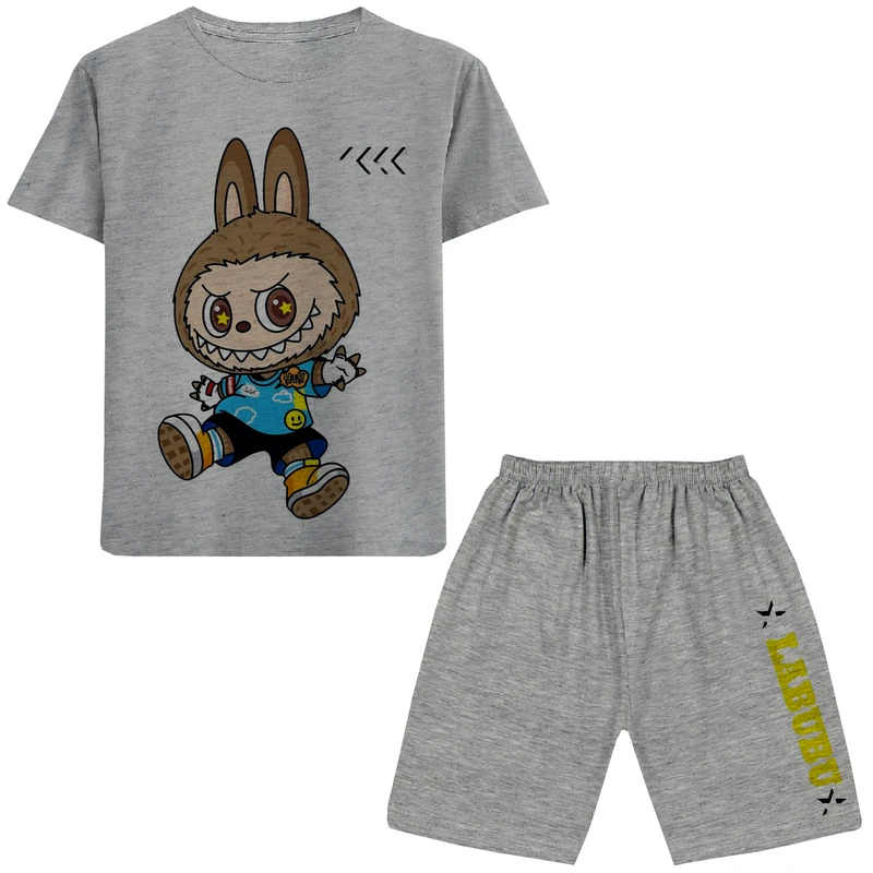 ست تی شرت آستین کوتاه و شلوارک راحتی دخترانه  مدل LABUBU A73