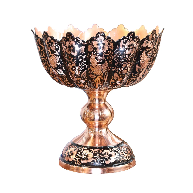 آجیل خوری مسی صنایع دستی فاخر مدل نیمه الماس تراش طرح اعیانی کد NutsBowl19p18half-1f2