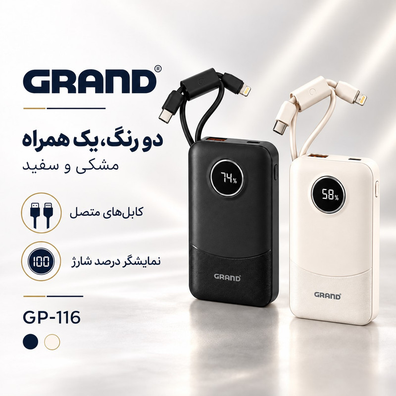 پاوربانک 22.5 وات گرند اسکای مدل GP - 116 با ظرفیت 10000 میلی‌آمپرساعت به همراه دو کابل USB-C / لایتنینگ