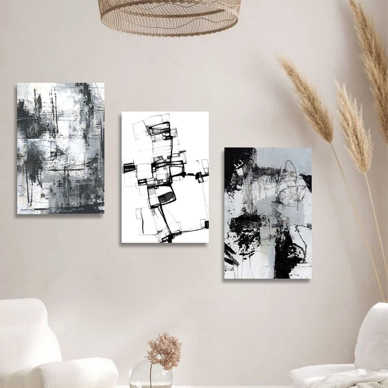 تابلو شاسی بکلیت طرح نقاشی دکوری مدرن سبک آبستره مدل SH-1485 مجموعه 3 عددی