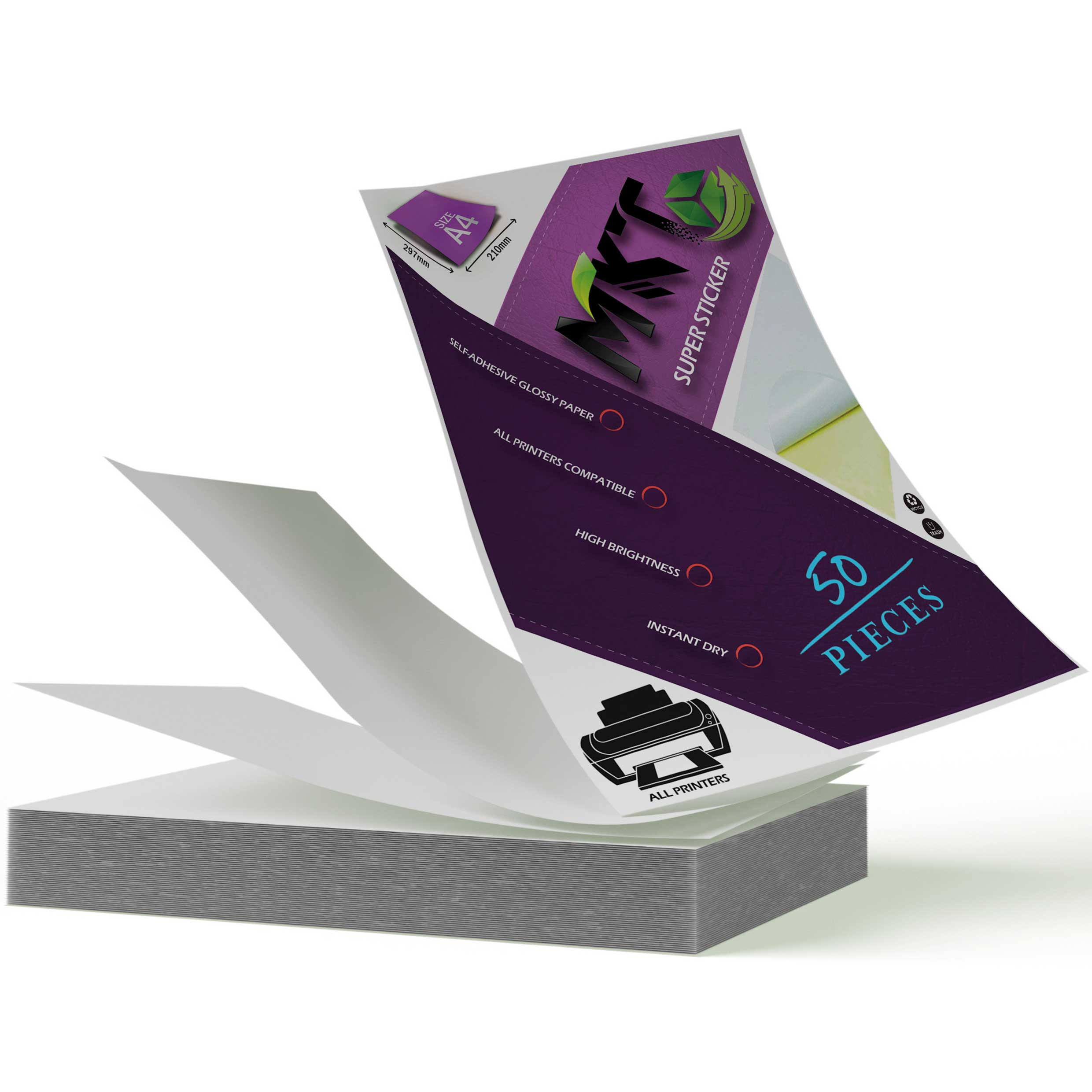 کاغذ A4  پشت چسب دار ام کی تی مدل براق بسته 25 عددی