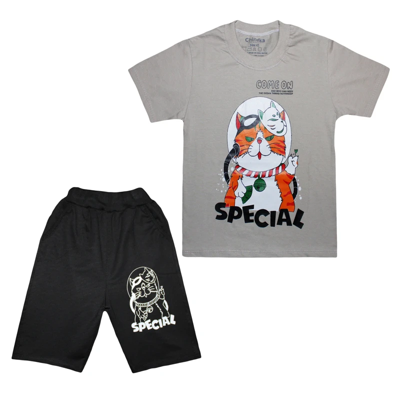 ست تی شرت آستین کوتاه و شلوارک پسرانه چیندکا مدل گربه فضانورد کد 103