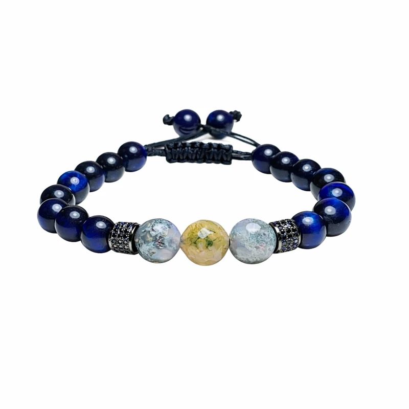 دستبند سنگی مردانه مدل عقیق خزه ای و چشم ببر