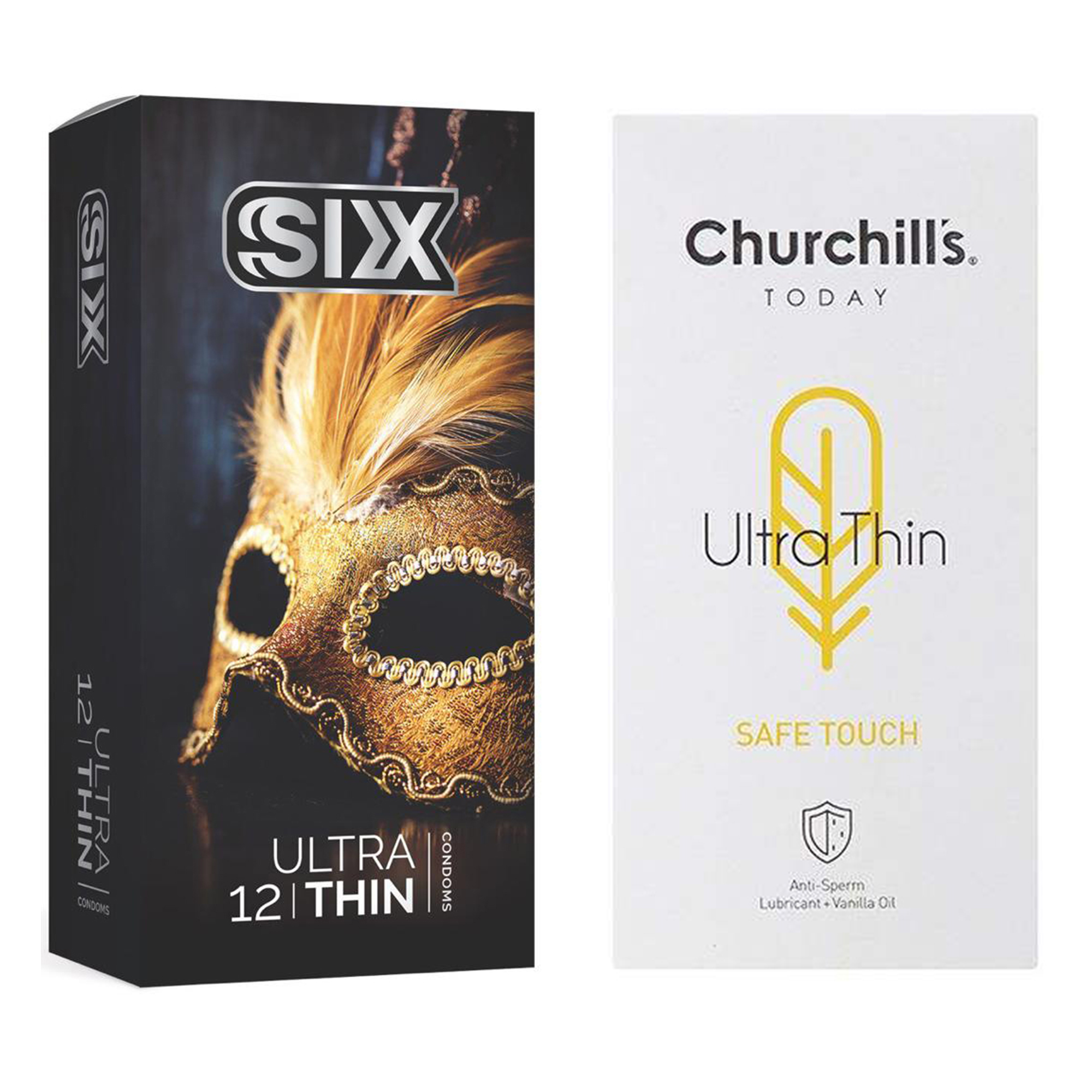 کاندوم چرچیلز مدل Safe Touch بسته 12 عددی به همراه کاندوم سیکس مدل حساس و فوق العاده نازک بسته 12 عددی