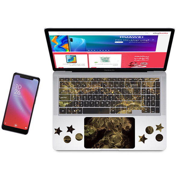 استیکر لپ تاپ راتیانا مدل black golden marble 5 مناسب برای لپ تاپ 15 تا 17 اینچ به همراه برچسب حروف فارسی کیبورد