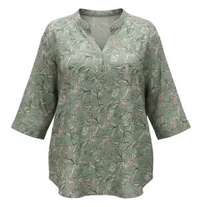 بلوز آستین سه ربع یقه انگلیسی زنانه مدل گل و شاخه گل