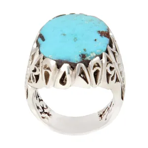 انگشتر نقره مردانه بازرگانی میلادی مدل سنگ فیروزه طبیعی نیشابور رکاب دست ساز سیاه قلم کد AM_2032