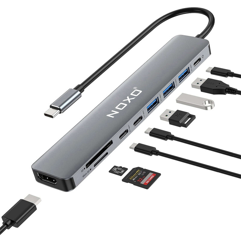 هاب 9 پورت USB-C نوکسو مدل HUB-N1 9in1 با پشتیبانی شارژ PD 100 وات، HDMI 4K، USB 3.0 و کارت‌خوان SD/TF