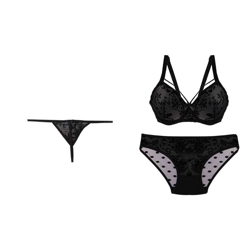 ست شورت و سوتین زنانه مدل توری مخمل مجموعه 3 عددی