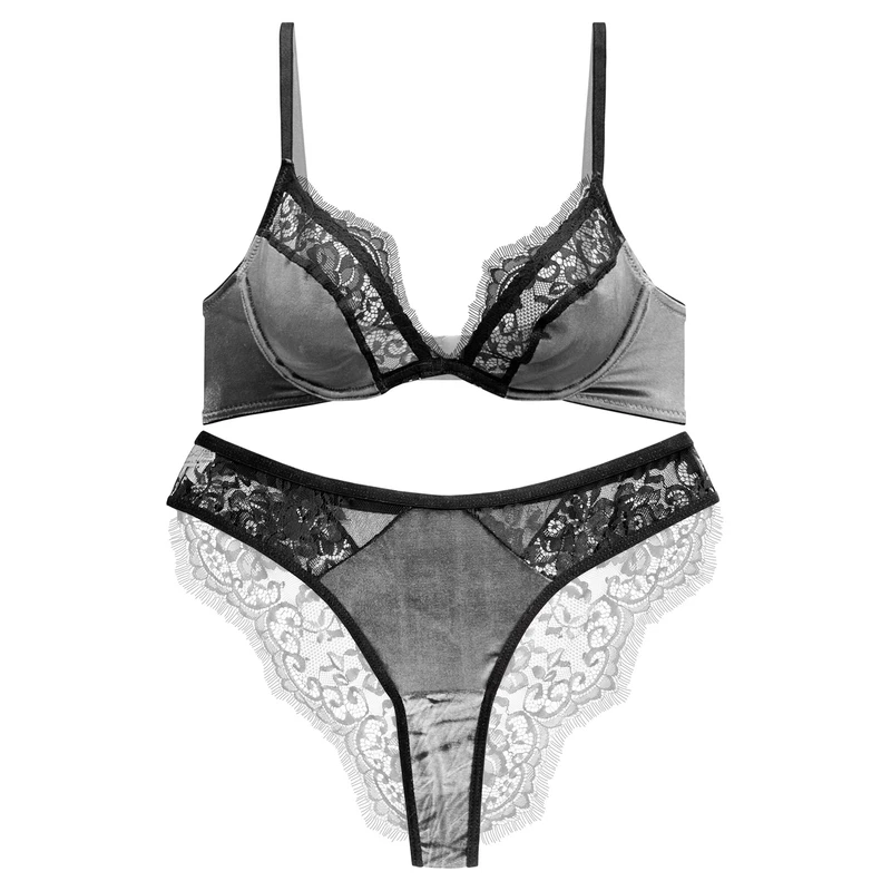 ست شورت و سوتین زنانه نوشه پوش مدل مخمل دانتل مژه‌ای