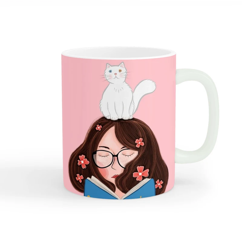 ماگ طرح دخترانه دختر و گربه سفید کد wall-8205