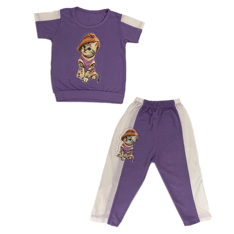 ست تی شرت آستین کوتاه و شلوار دخترانه طرح گربه مدل AK 2