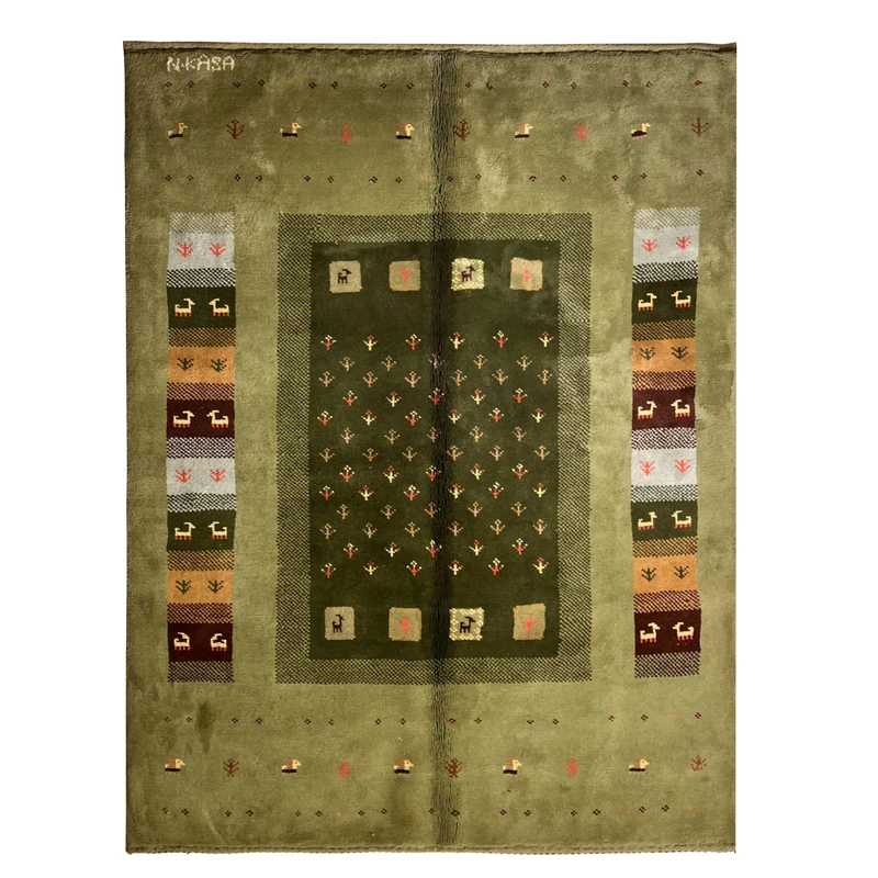 گبه دستبافت قشقایی سه متری مدل سنتی کد NKP.RJ174 زمینه سبز